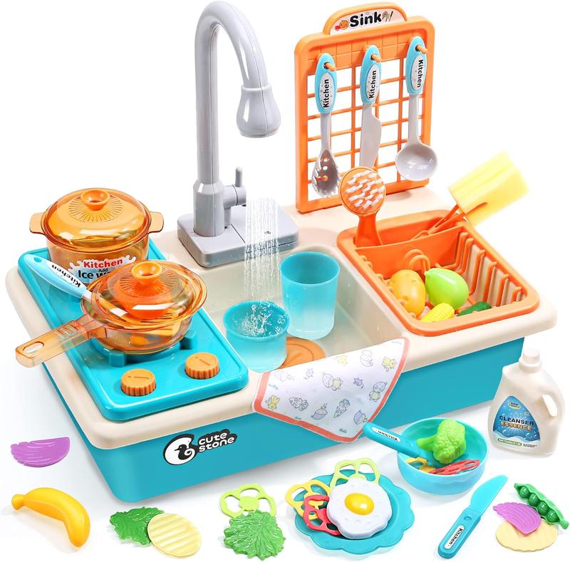Play Sink with Running Water, Pretend Play Kitchen Sink with Upgraded Electric Faucet, Realistic play set learning cookingset Plastic Toy Outdoorfun, backyardfun summerwins