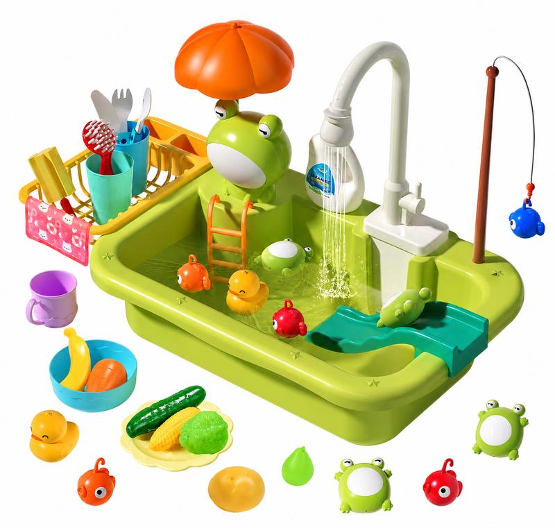 Play Sink with Running Water, Pretend Play Kitchen Sink with Upgraded Electric Faucet, Realistic play set learning cookingset Plastic Toy Outdoorfun, backyardfun summerwins