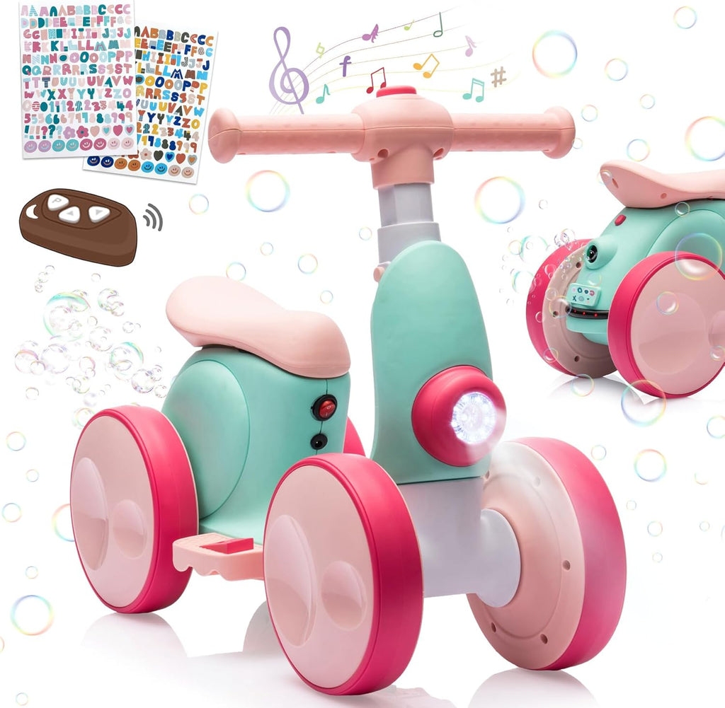 4-in-1 Electric Balance Bike & Stunt Scooter for Kids 12-48 Months – with Bubble Machine, Music, LED Lights – Baby Toy Gift for 1-Year-Old Boys & Girls