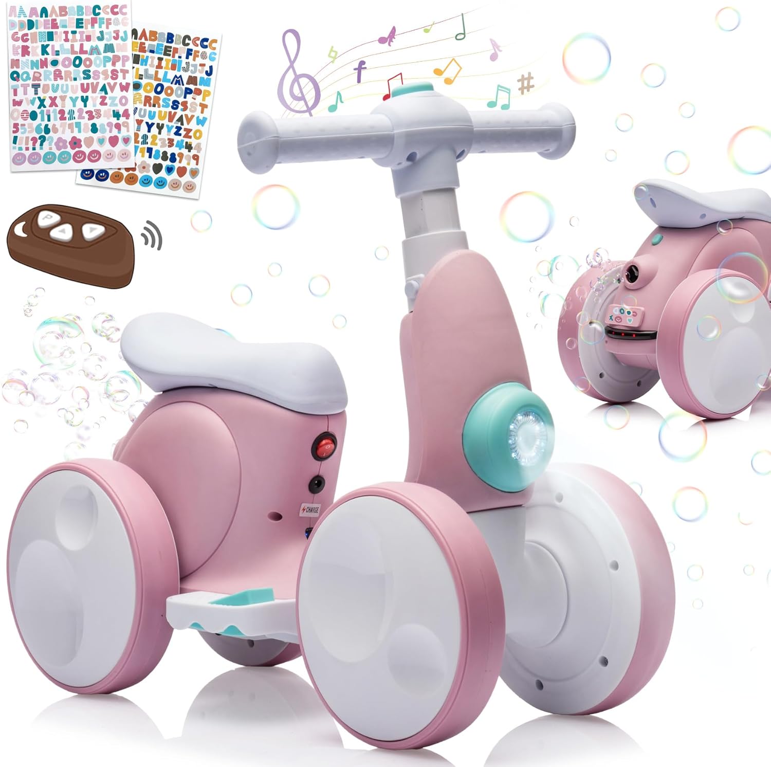 4-in-1 Electric Balance Bike & Stunt Scooter for Kids 12-48 Months – with Bubble Machine, Music, LED Lights – Baby Toy Gift for 1-Year-Old Boys & Girls