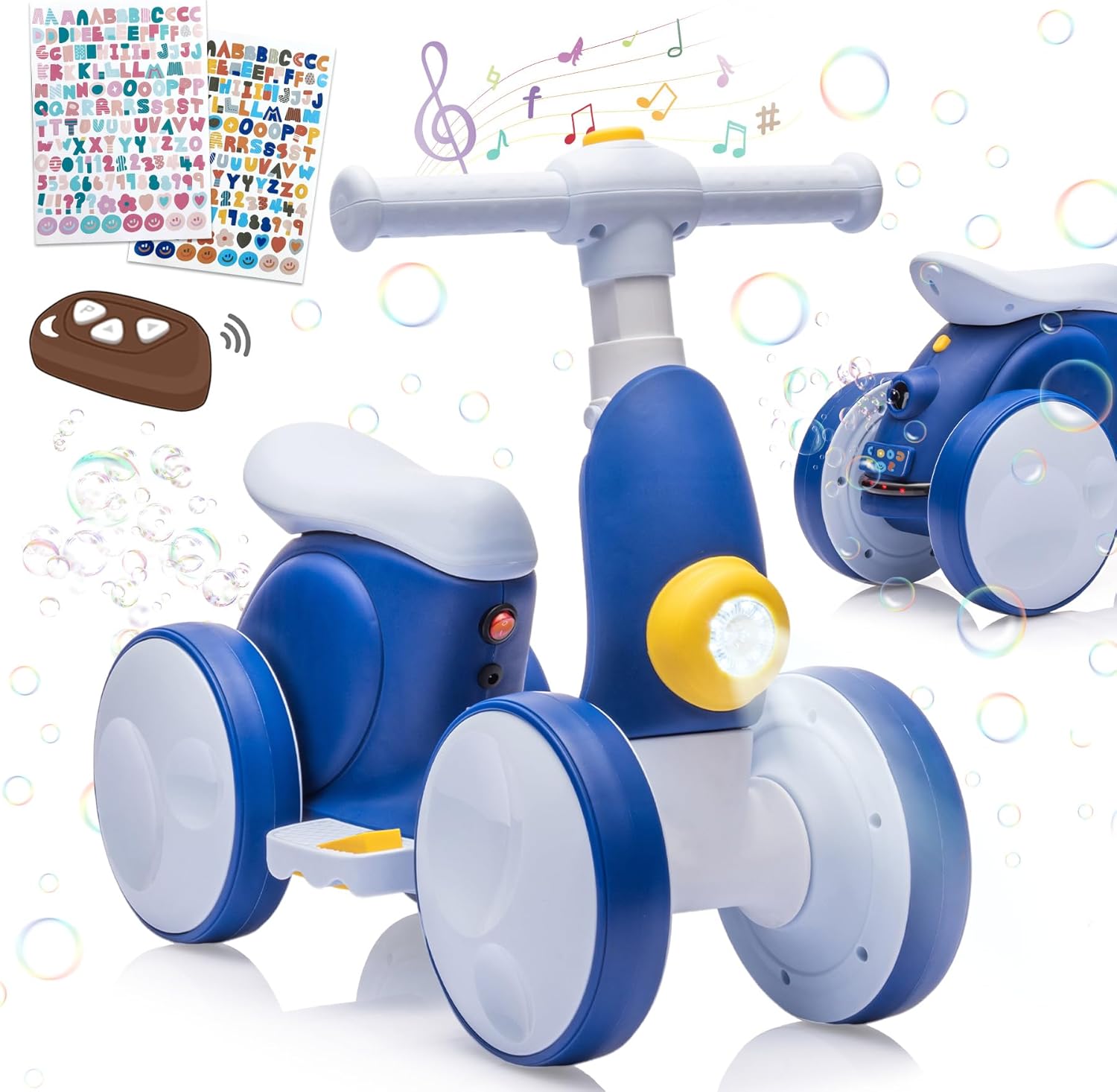 4-in-1 Electric Balance Bike & Stunt Scooter for Kids 12-48 Months – with Bubble Machine, Music, LED Lights – Baby Toy Gift for 1-Year-Old Boys & Girls