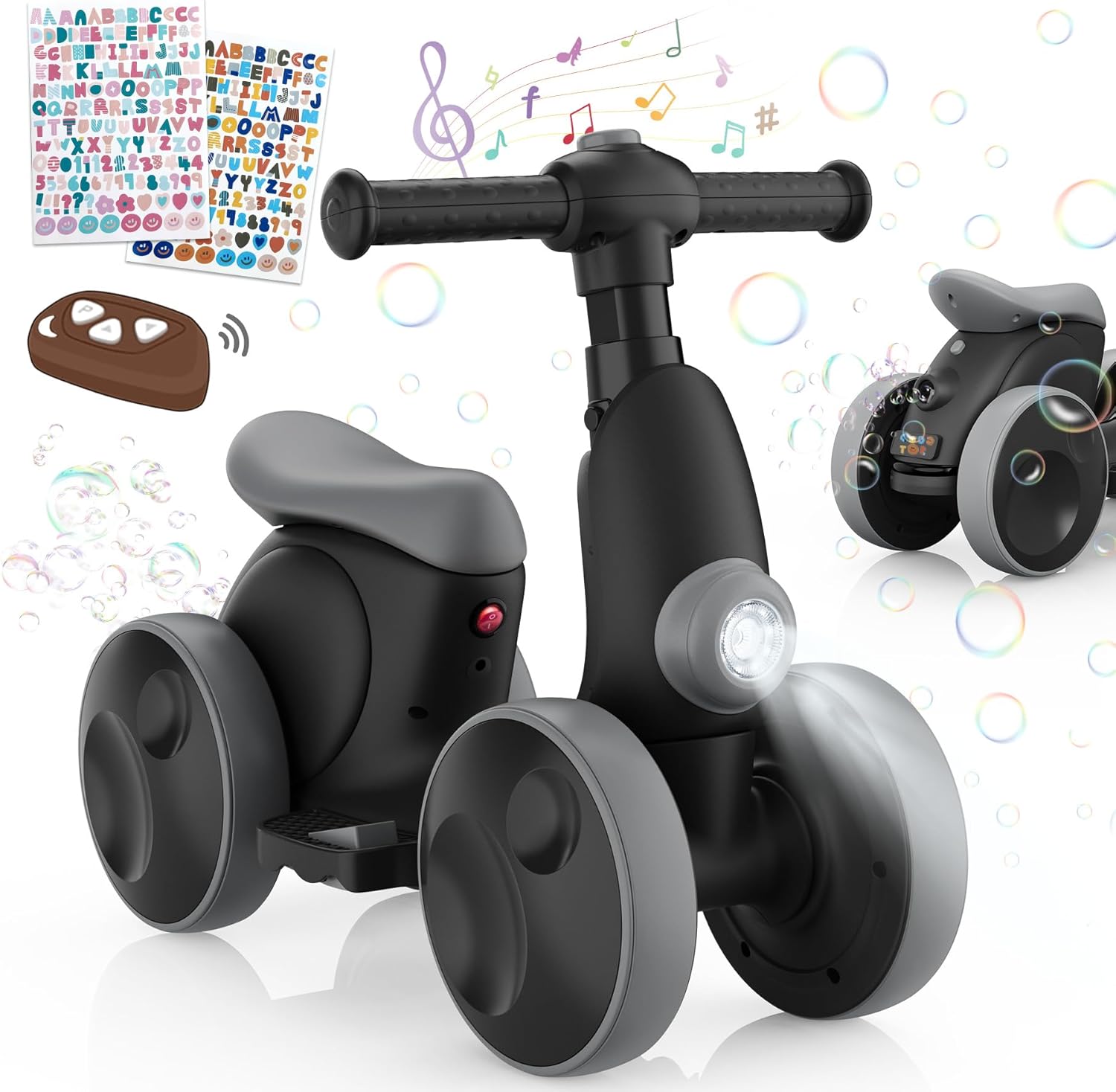 4-in-1 Electric Balance Bike & Stunt Scooter for Kids 12-48 Months – with Bubble Machine, Music, LED Lights – Baby Toy Gift for 1-Year-Old Boys & Girls
