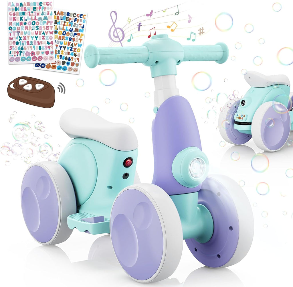 4-in-1 Electric Balance Bike & Stunt Scooter for Kids 12-48 Months – with Bubble Machine, Music, LED Lights – Baby Toy Gift for 1-Year-Old Boys & Girls