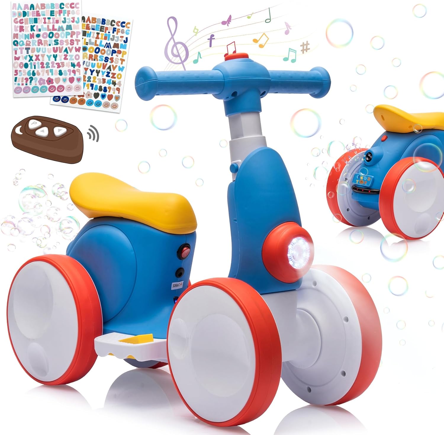4-in-1 Electric Balance Bike & Stunt Scooter for Kids 12-48 Months – with Bubble Machine, Music, LED Lights – Baby Toy Gift for 1-Year-Old Boys & Girls