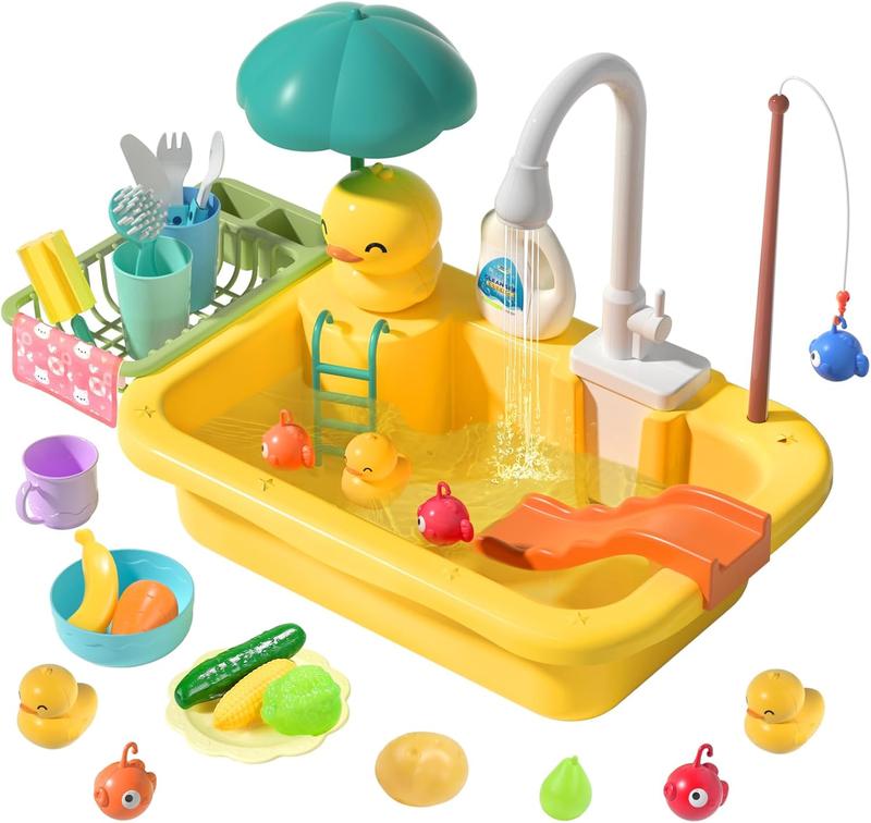 Play Sink with Running Water, Pretend Play Kitchen Sink with Upgraded Electric Faucet, Realistic play set learning cookingset Plastic Toy Outdoorfun, backyardfun summerwins